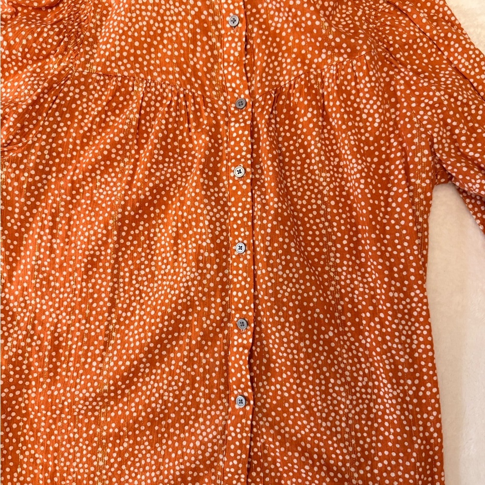 LOFT Womens Orange Dot Print Metallic Thread Long Sleeve Shirt
Size XSmall NEW - Picture 7 of 9